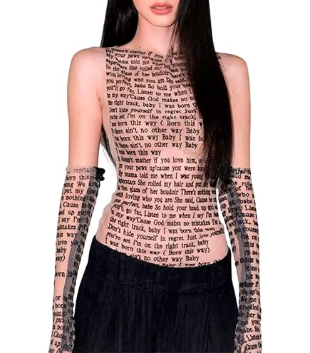 Women's Mesh Top with Long Sleeve Letter Print, See Through Sheer